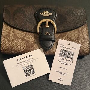COACH Brown Khaki Signature Canvas Wallet with Black Leather Trim